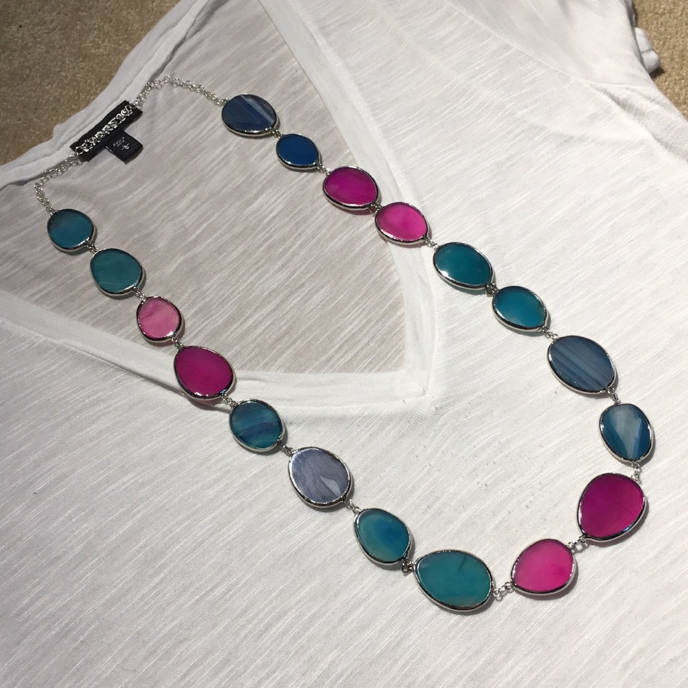 Pink blue and turquoise translucent disk necklace
